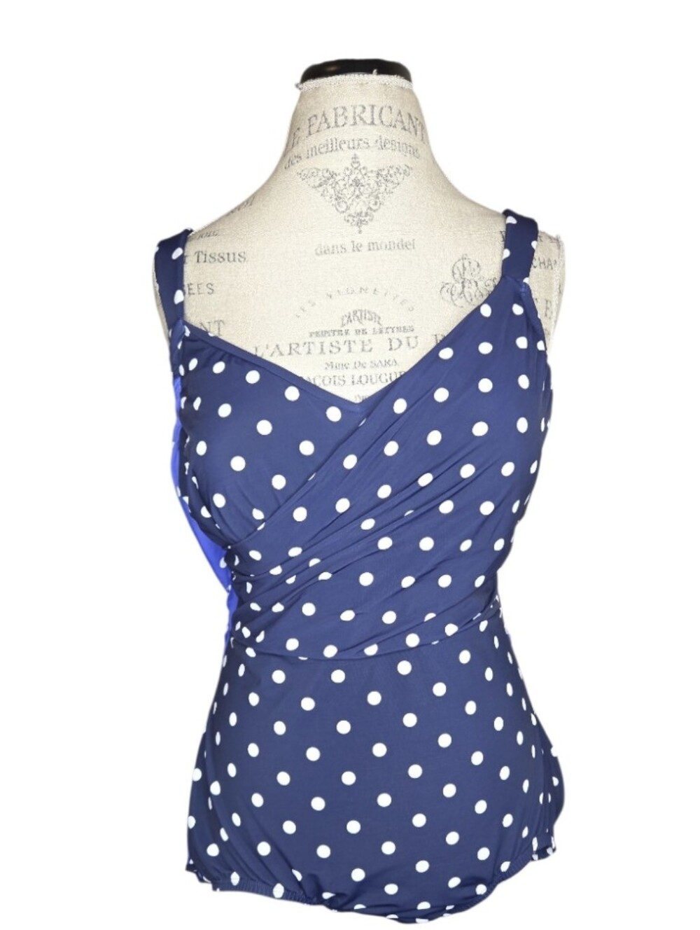 Lands End Navy White Polka Dot Colorblock Plus Size Swimsuit Rear Overskirt 16